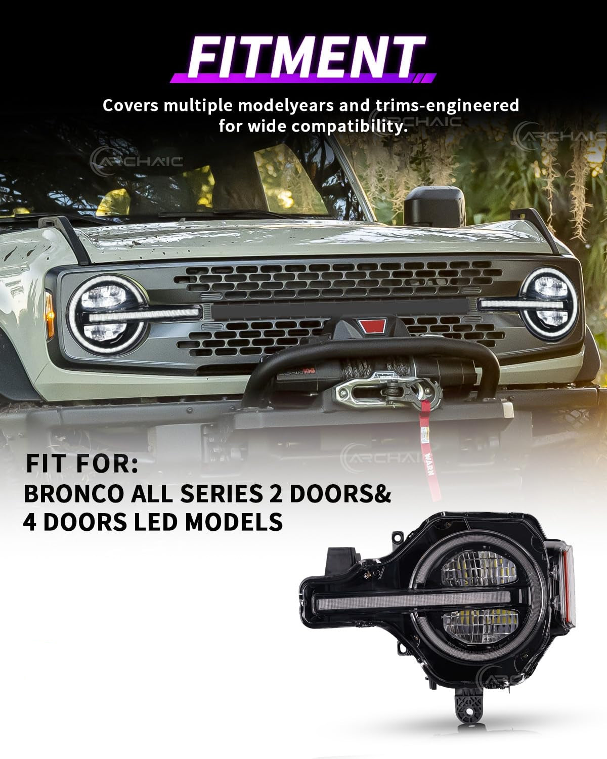 LED Headlights Assembly with Amber/White DRL, Sequential Turn Signal Front Light for Ford Bronco 2021-2025