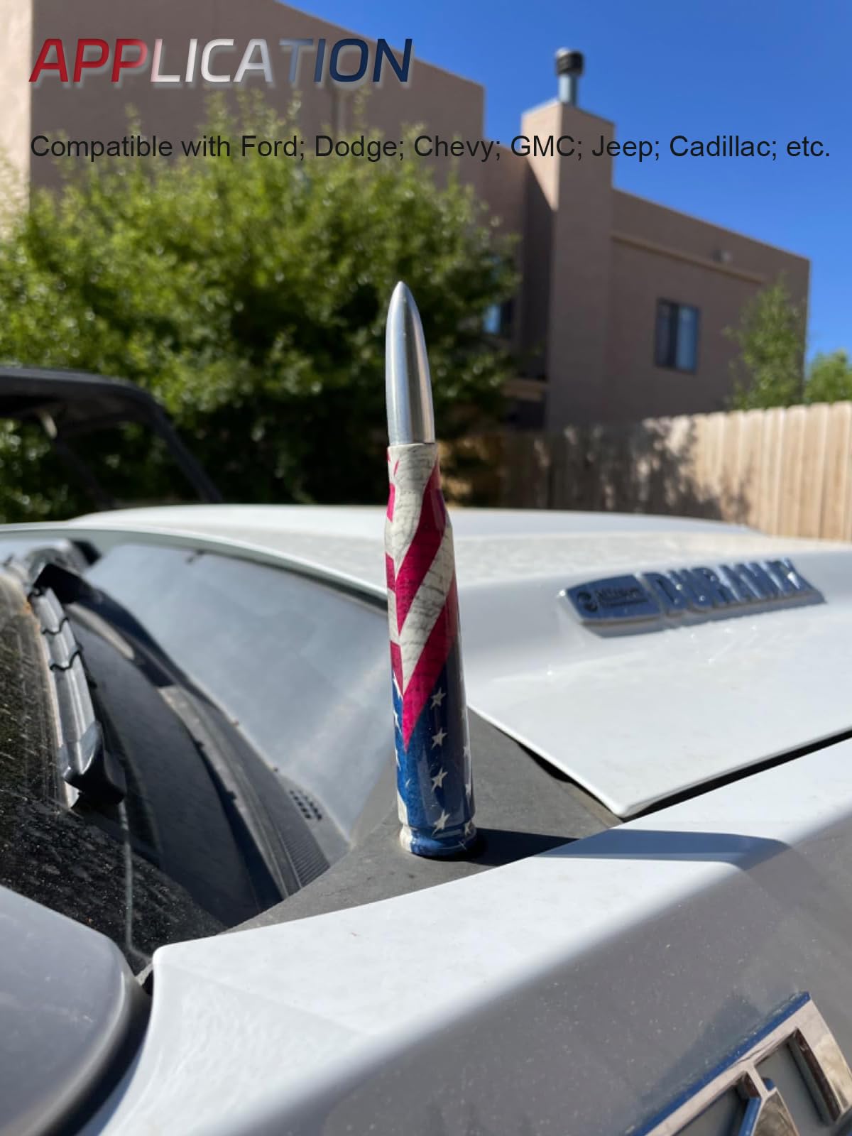 Universal 50 Cal American Flag Bullet Truck Antenna Compatible with GMC Sierra 1500 Chevy Dodge Ram Silverado 1500, 2500, 3500, Ford F150, F250, F350