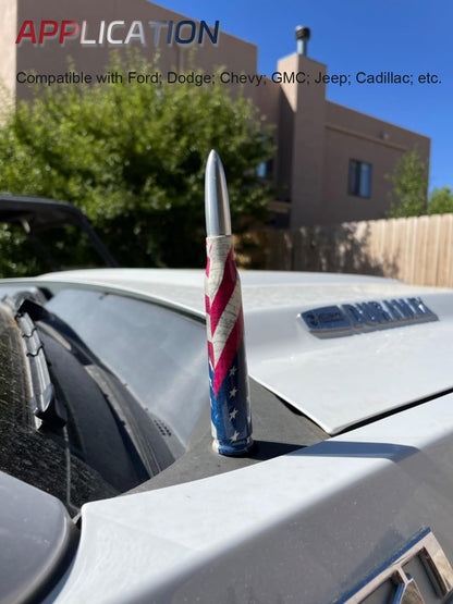 Universal 50 Cal American Flag Bullet Truck Antenna Compatible with GMC Sierra 1500 Chevy Dodge Ram Silverado 1500, 2500, 3500, Ford F150, F250, F350