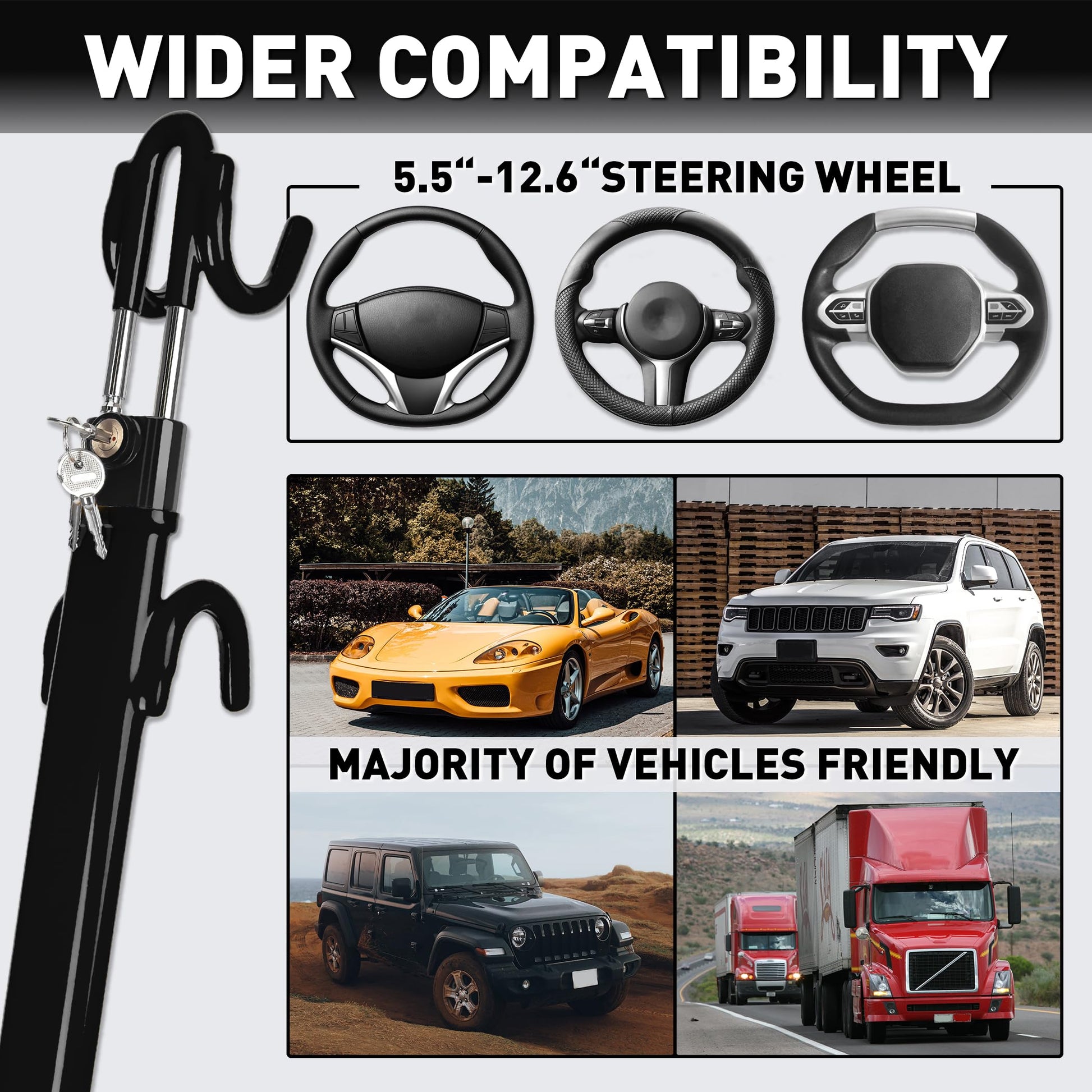 Heavy Duty Steering Wheel Lock Anti-Theft Car Device Security For Cars Trucks Vans and SUVs with 3 Keys - OMOTOR