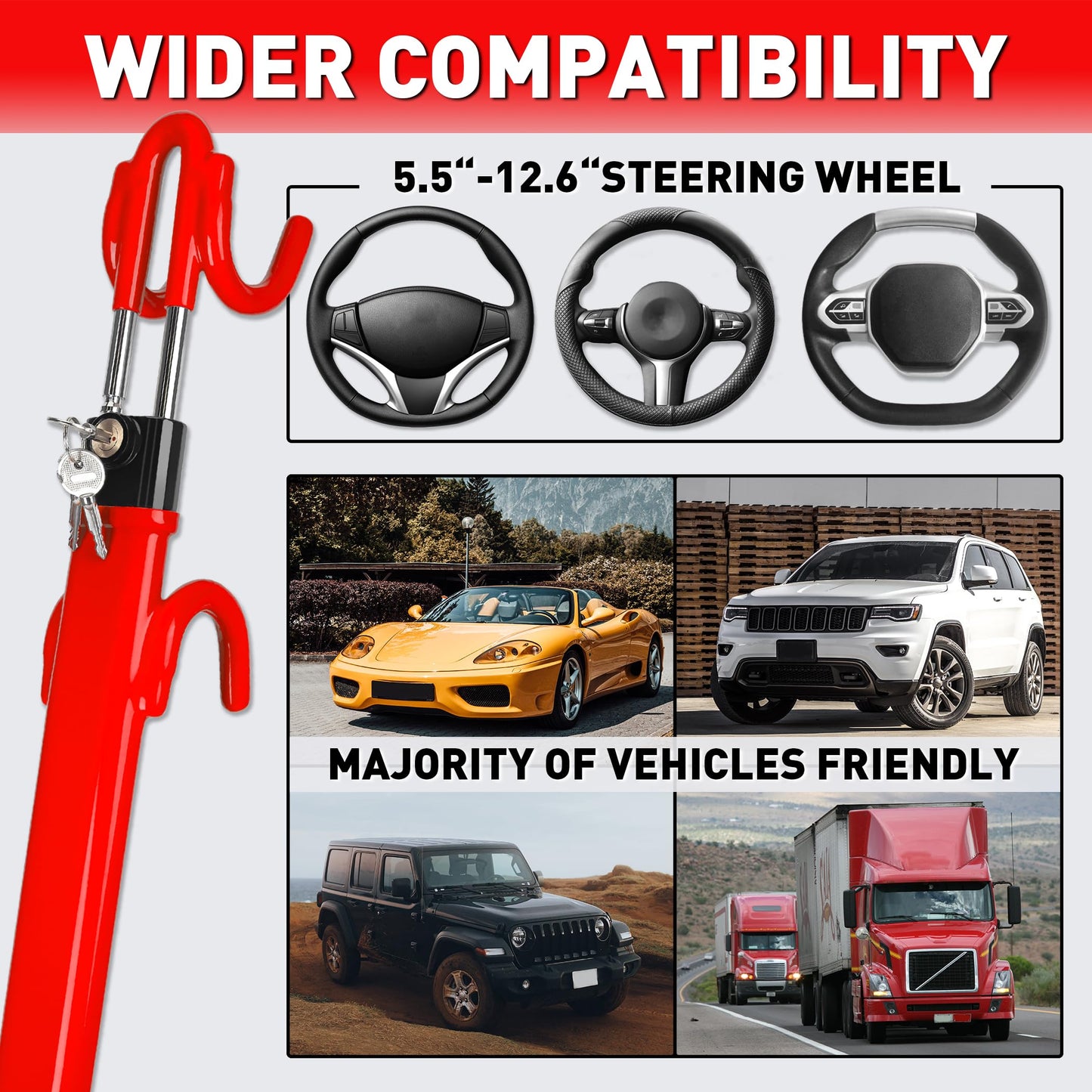 Heavy Duty Steering Wheel Lock Anti-Theft Car Device Security For Cars Trucks Vans and SUVs with 3 Keys - OMOTOR