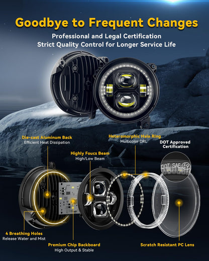 9 Inch Multi-Color LED Headlights with Angel Eyes Ring Compatible with Jeep Wrangler JL JLU Unlimited & Gladiator JT (2018-2025)