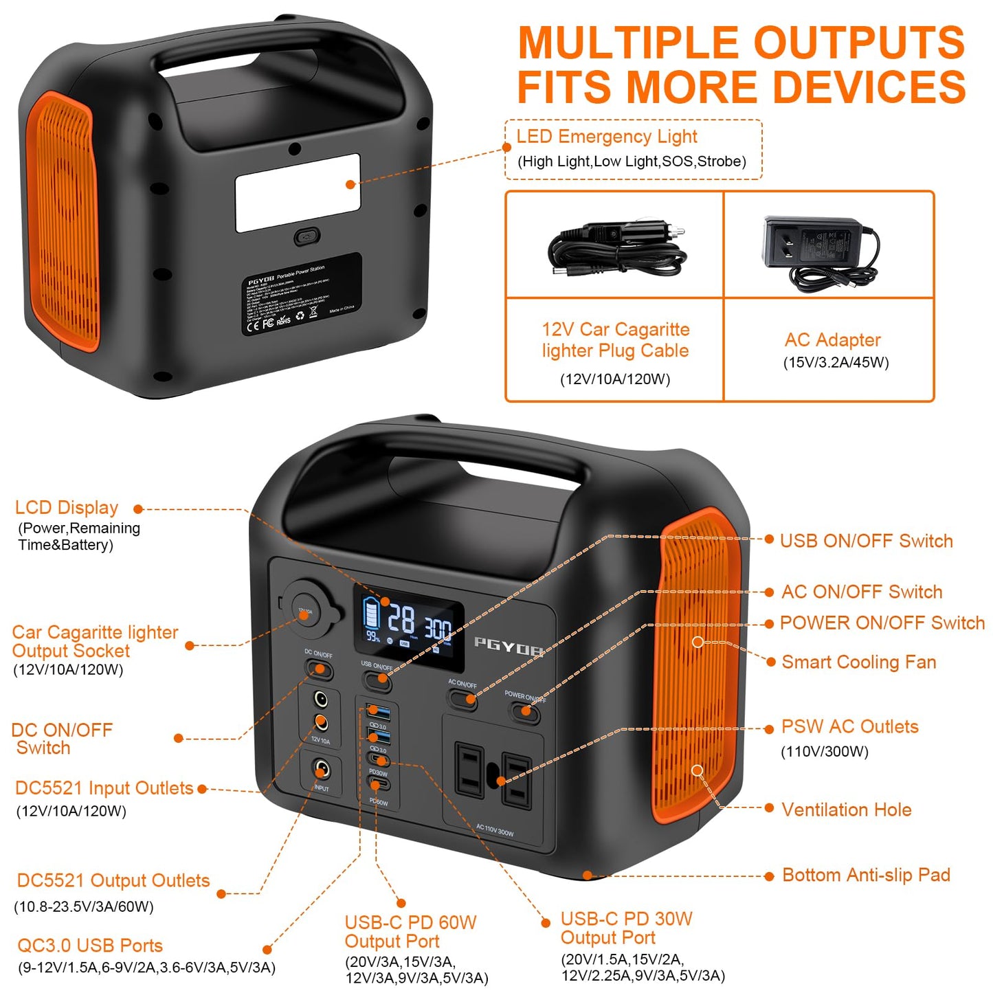 Outdoor Portable Power Station Generator with Built in Cable for Phone Charge, Travel, Home use, Camping, RV Trip