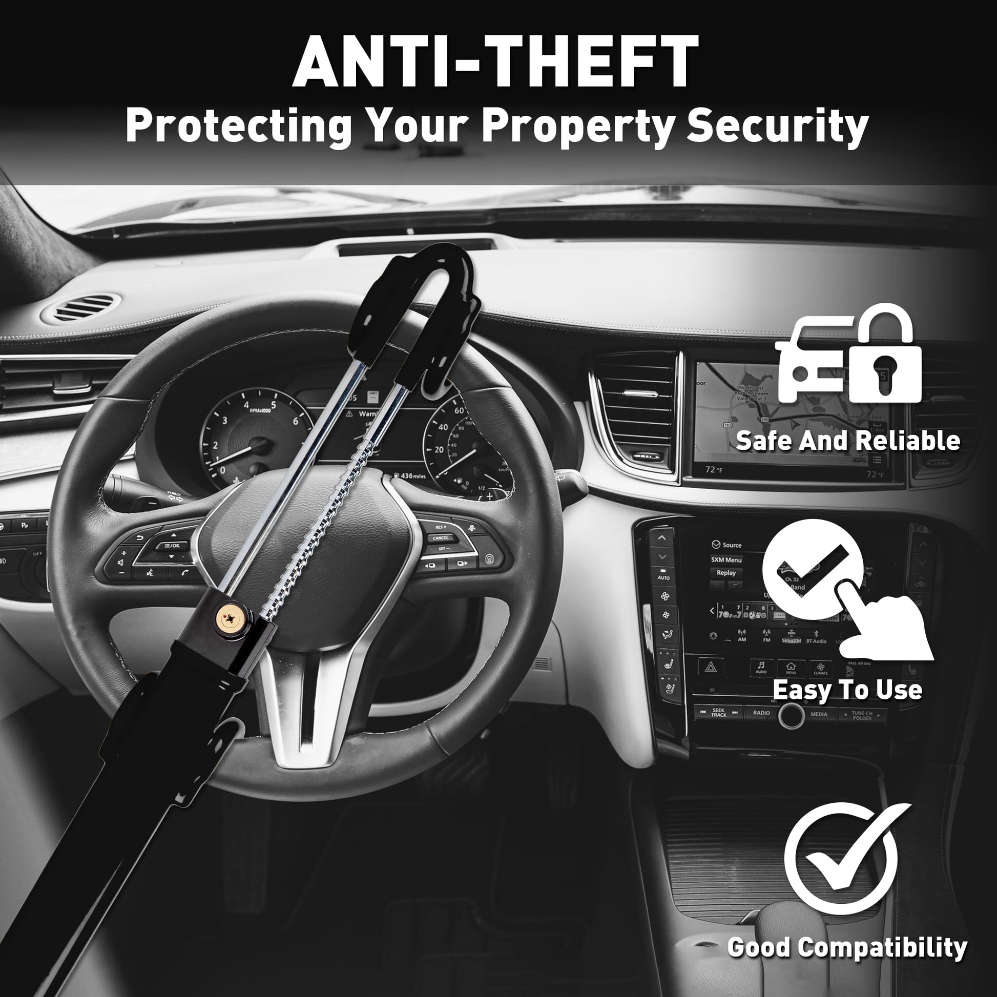 Heavy Duty Steering Wheel Lock Anti-Theft Car Device Security For Cars Trucks Vans and SUVs with 3 Keys - OMOTOR