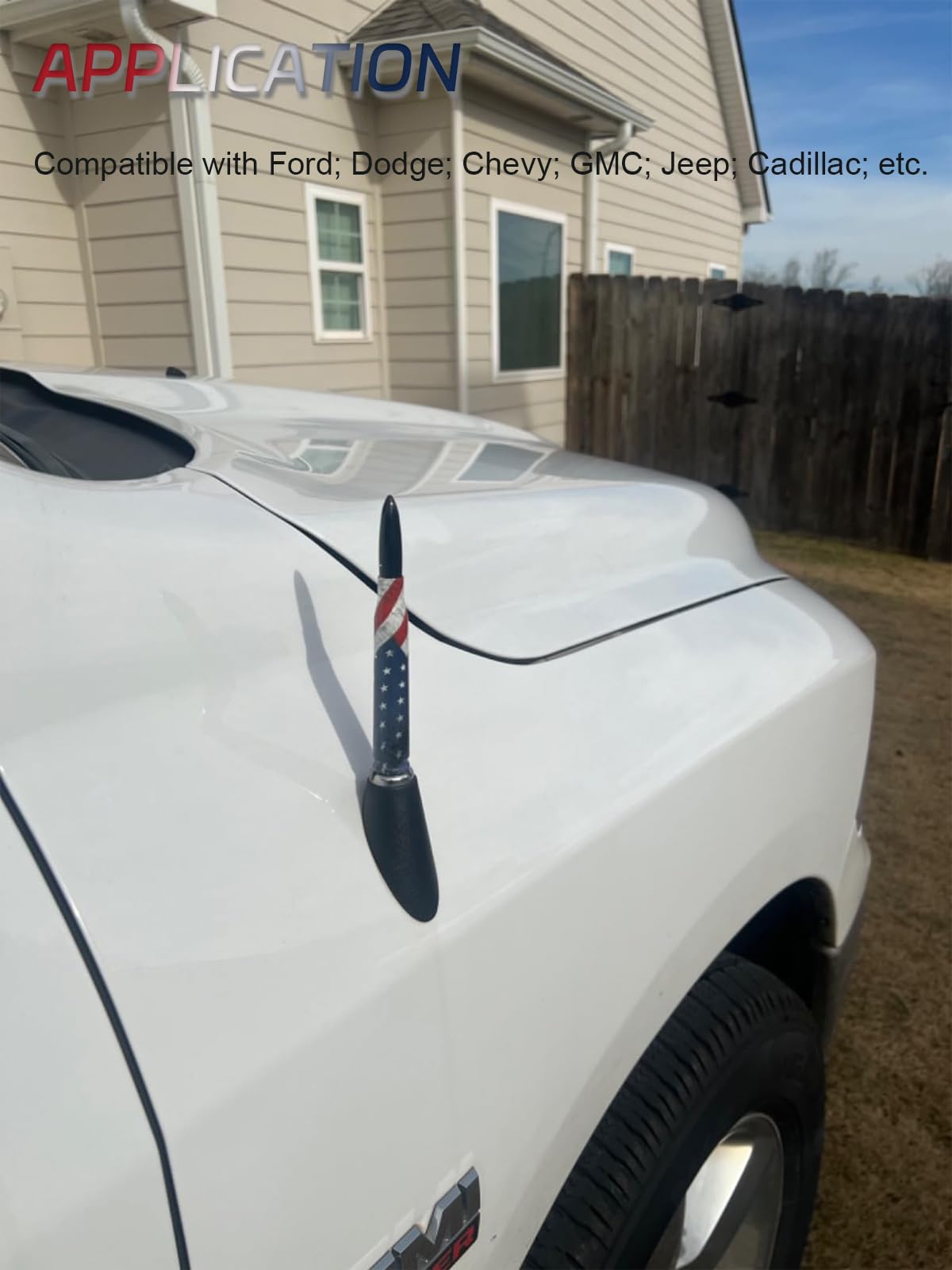 Universal 50 Cal American Flag Bullet Truck Antenna Compatible with GMC Sierra 1500 Chevy Dodge Ram Silverado 1500, 2500, 3500, Ford F150, F250, F350