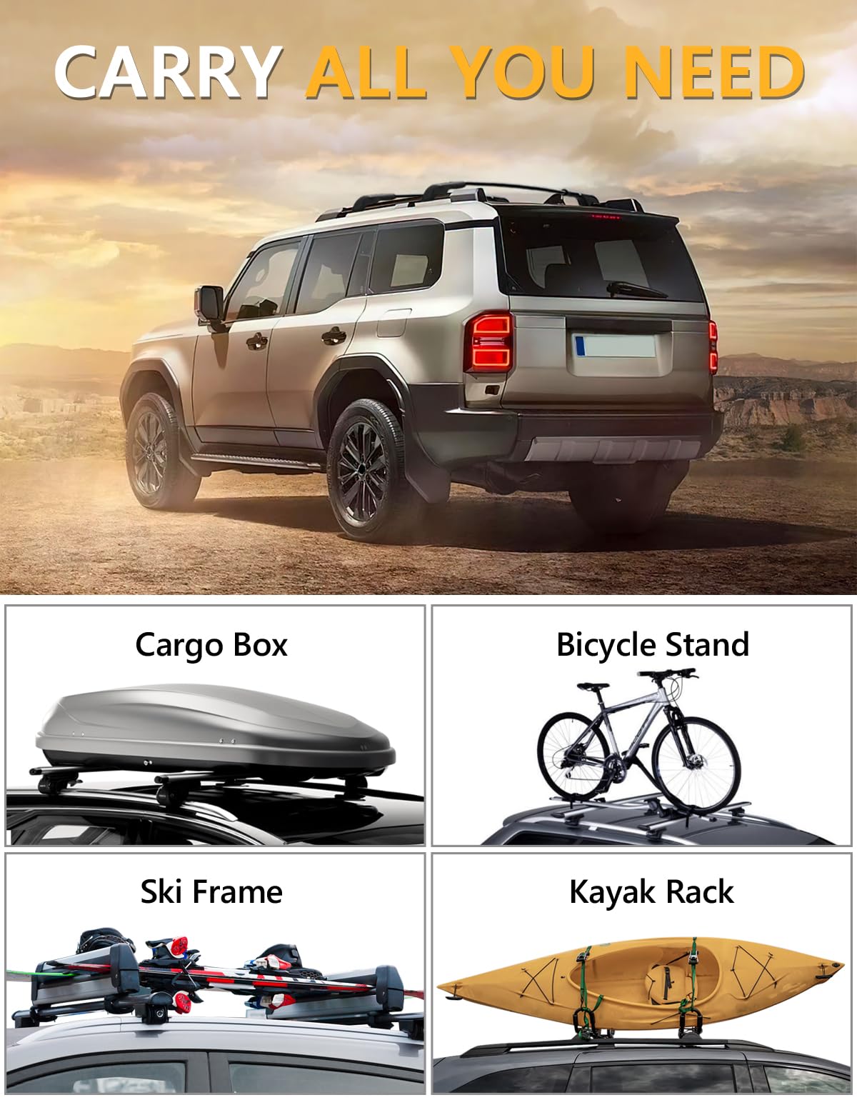 300lbs Roof Rack Cross Bars Compatible with 2024 - 2026 Toyota Land Cruiser 250 & 2024 2025 Lexus GX550 with Raised Side Rails