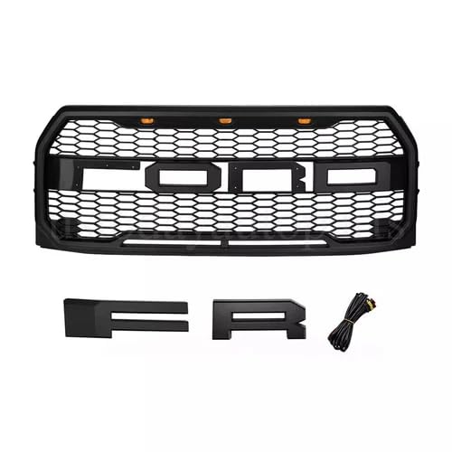Raptor Style Matte Black Front Bumper Grille with Yellow LED Lights Fit for 2015-2017 Ford F150 - OMOTOR