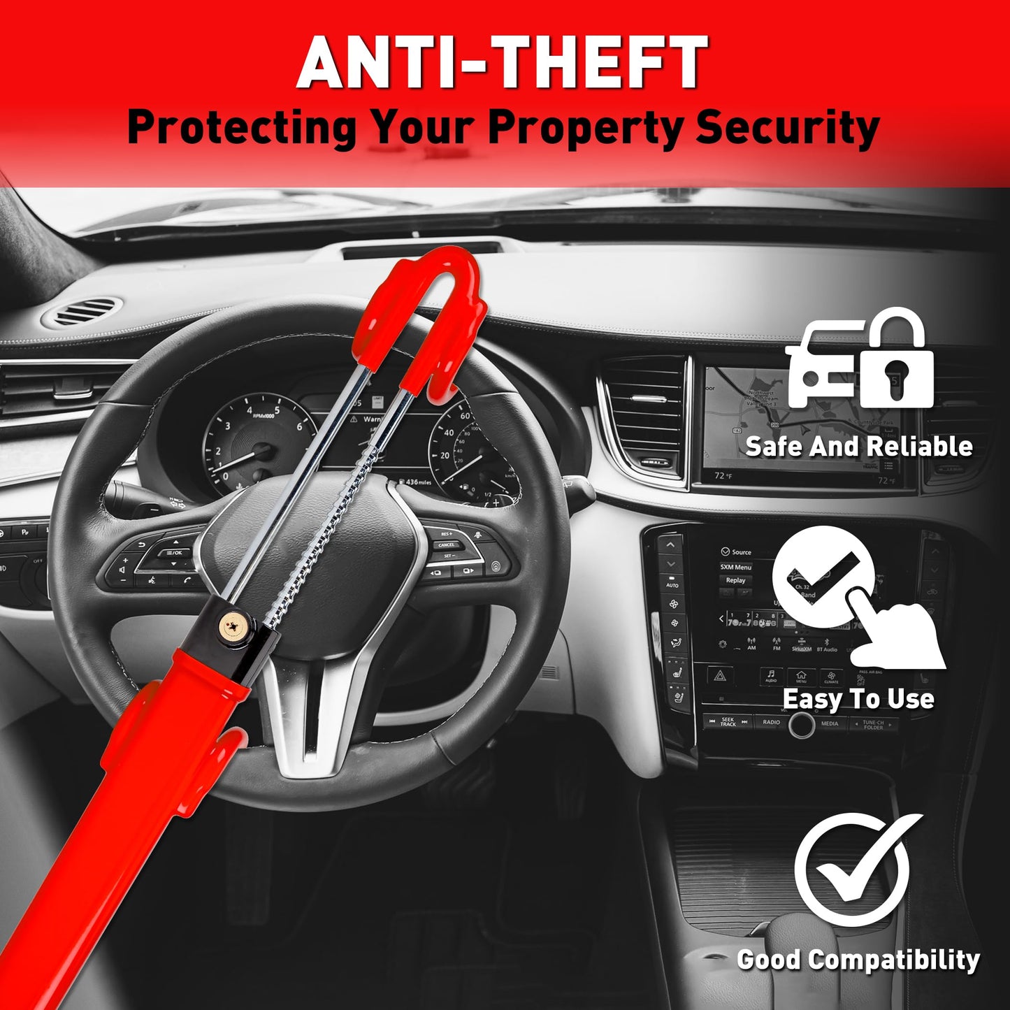 Heavy Duty Steering Wheel Lock Anti-Theft Car Device Security For Cars Trucks Vans and SUVs with 3 Keys - OMOTOR