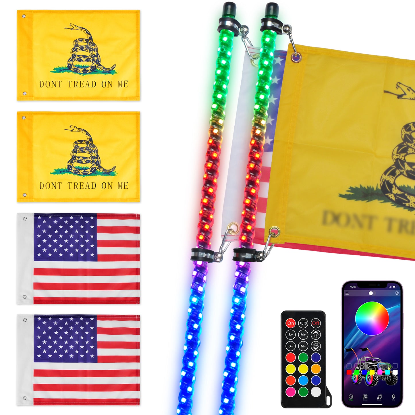 LED Whip Lights for UTV ATV  Bluetooth and Remote Control with Gadsden Flag