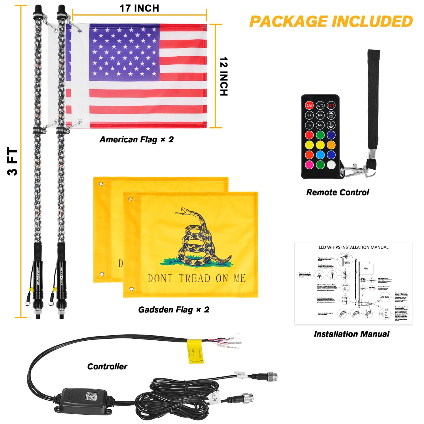 LED Whip Lights for UTV ATV  Bluetooth and Remote Control with Gadsden Flag