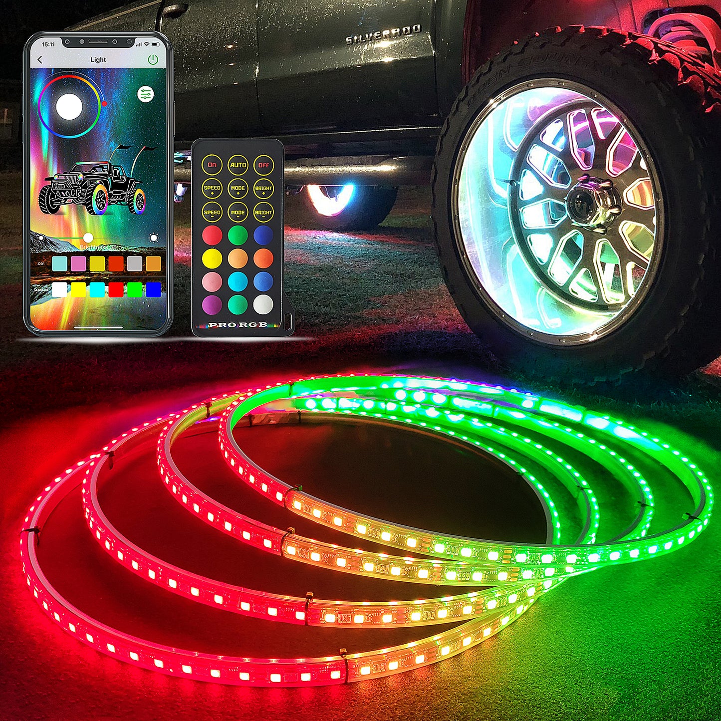 【EASY INSTALL】4PCS 17 INCH Chasing RGB LED Wheel Rim Light Kit