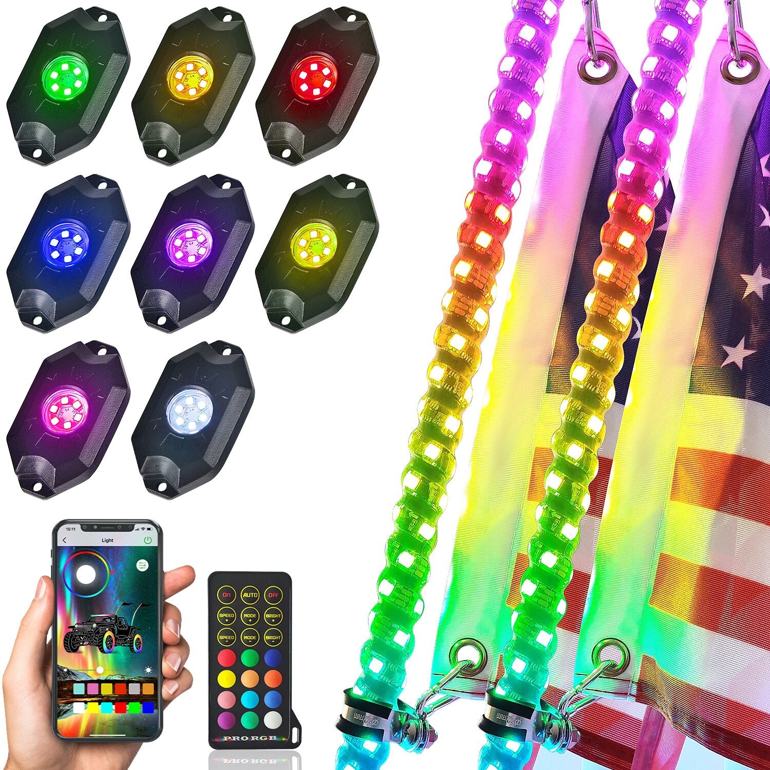 LED RGB Chasing Whip Lights and 8 Pods 3rd-Gen Rock Lights Kit with Bluetooth and Remote Control