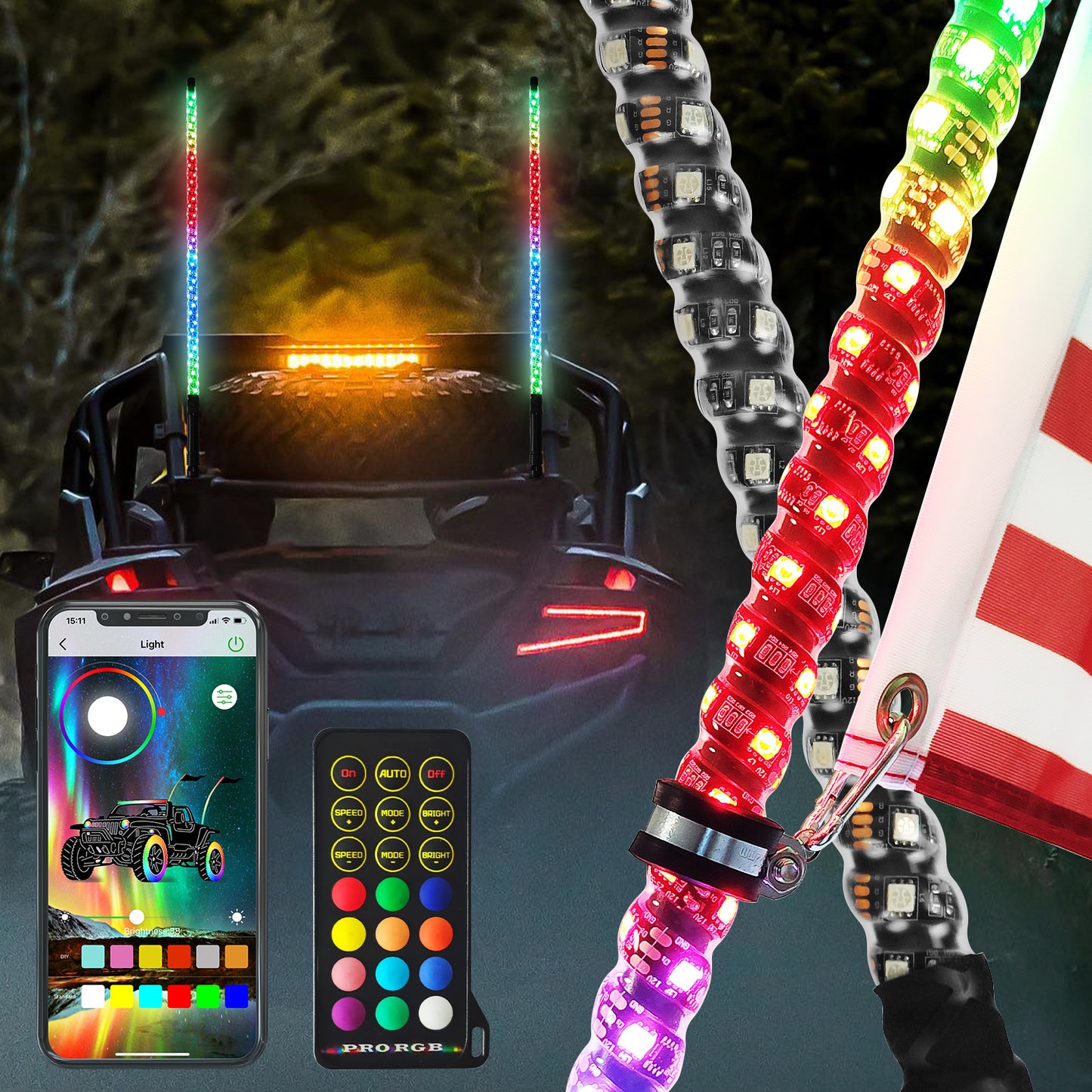 2pcs LED Whip Lights with Bluetooth and Remote Control Spiral RGB Chase Light