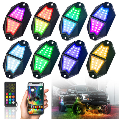 4/8 Pods RGB LED Rock Lights - Multicolor Underglow Neon Light Kit with Bluetooth Controller, Music Mode