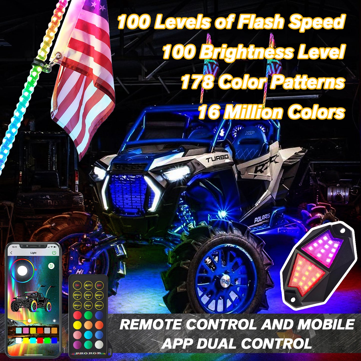 Omotor 2Pcs 3FT Whip Lights and 8 Rock Lights Combo 360° Spiral Chasing RGB Whips RGBW & Brighter Neon with Bluetooth and Remote Control