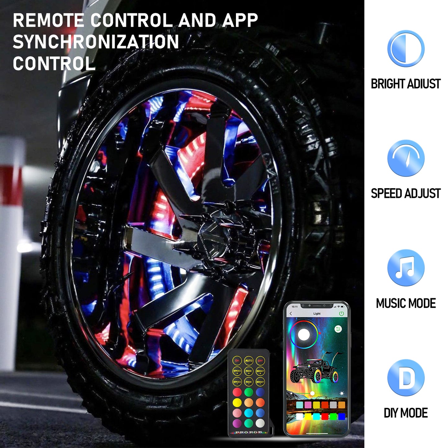 【EASY INSTALL】4PCS 17 INCH Chasing RGB LED Wheel Rim Light Kit