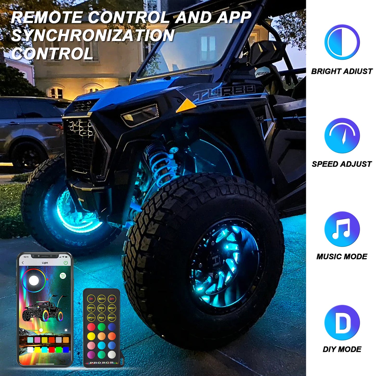 【EASY INSTALL】4PCS 12 inch Dancing Color Chasing RGB LED Wheel Rim Light Kit  for UTV, ATV & SXS VEHICLES