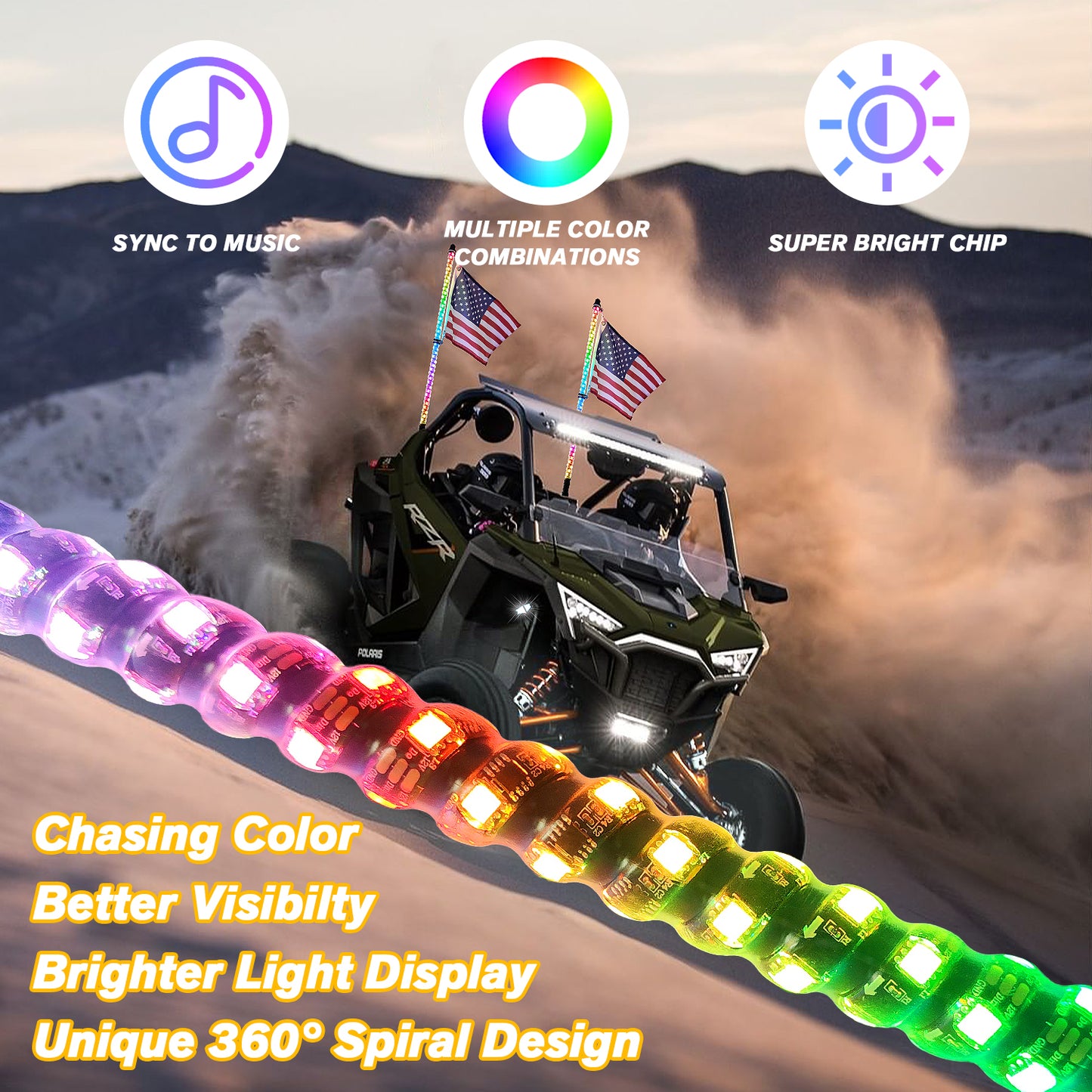 Omotor 2Pcs 3FT Whip Lights and 8 Rock Lights Combo 360° Spiral Chasing RGB Whips RGBW & Brighter Neon with Bluetooth and Remote Control