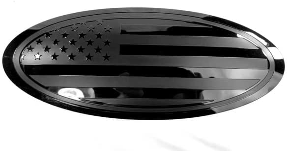 9.5 inch Overlay Front Grille Tailgate Rear Aluminum Oval American Black Flag Emblem for F150 2015-2021 (Black, 9.5")