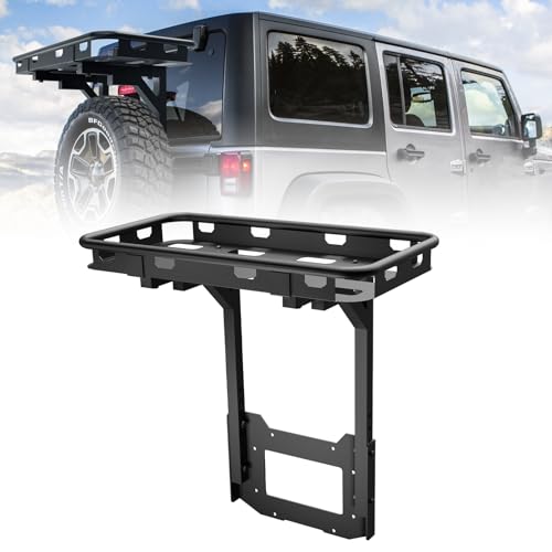 Rear Cargo Basket on OE Tailgate Compatible with 2007-2018 Jeep Wrangler JK & JKU Unlimited 2/4 Door, Spare Tire Cargo Rack, Luggage Storage Carrier (Bolt-On)