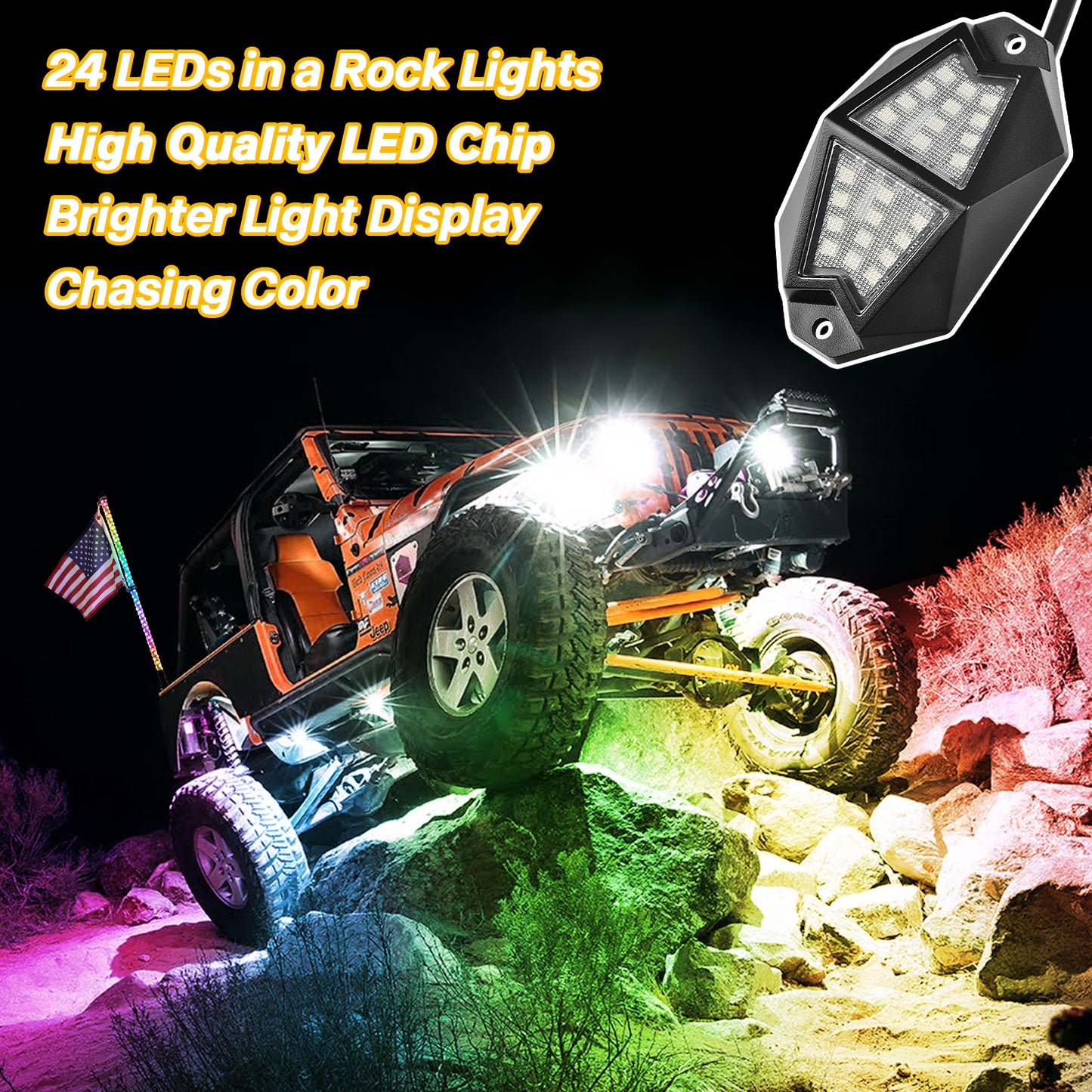 Omotor 2Pcs 3FT Whip Lights and 8 Rock Lights Combo 360° Spiral Chasing RGB Whips RGBW & Brighter Neon with Bluetooth and Remote Control