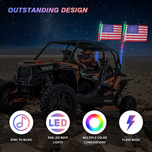 LED Whip Lights for UTV ATV  Bluetooth and Remote Control with Gadsden Flag