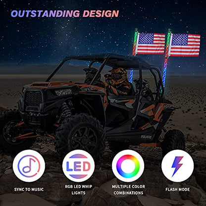 LED Whip Lights for UTV ATV  Bluetooth and Remote Control with Gadsden Flag - OMOTOR