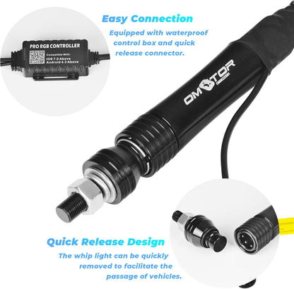 2PCS 4FT Bluetooth LED Whip Lights w/Remote [21 Modes] [20 Colors] [Weatherproof] - OMOTOR