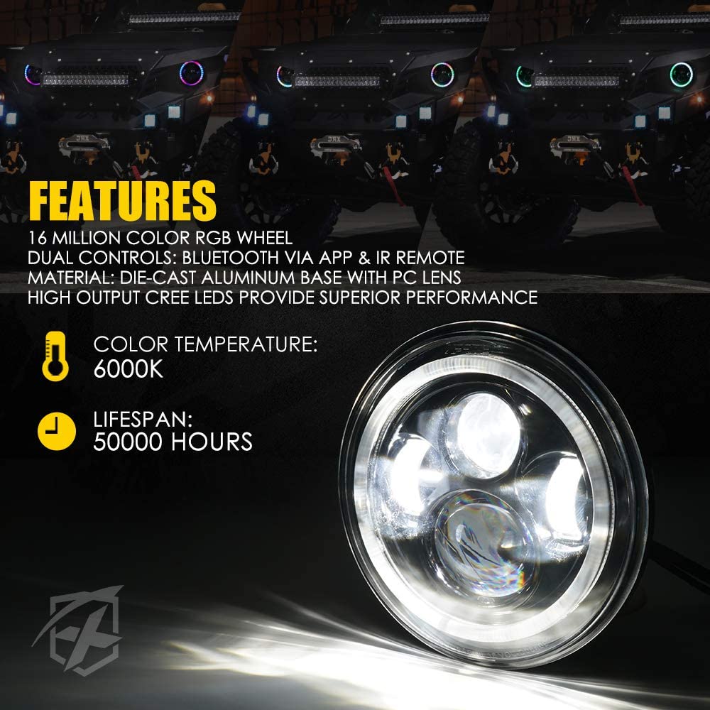 7" Inch 90W RGB LED Headlights Bluetooth & IR Controlled with Dancing Halo Ring Compatible with 1997-2018 Jeep Wrangler TJ JK