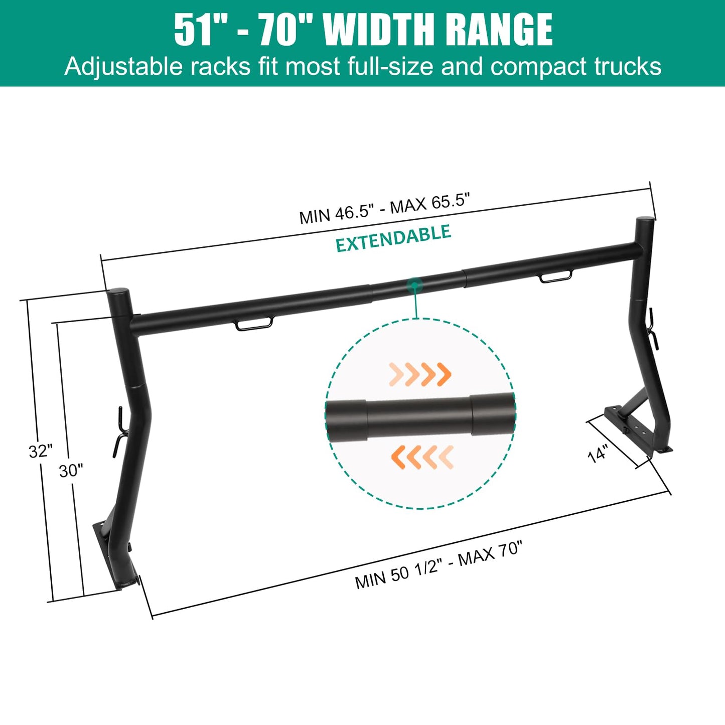 Non-Drilling Truck Rack, Heavy Duty Steel Extendable Truck Bed Ladder Rack, Fit for 52" to 71" Wide Truck Bed, 800 lb. Capacity