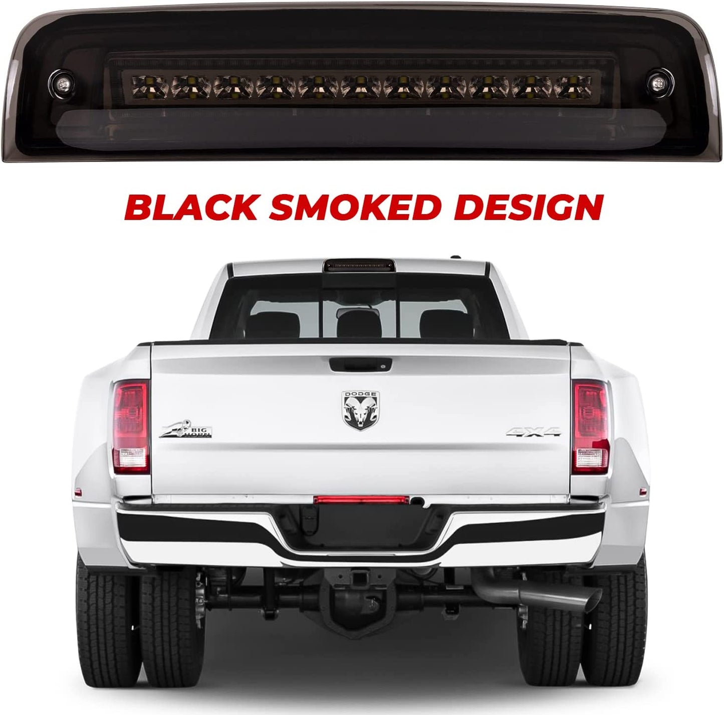 Upgraded Led Third Brake Light with Strobe Mode Switch for 2009-2018 Dodge Ram 1500 2500 3500 Pickup High Mount Brake Cargo Light with Smoke Lens Black Housing