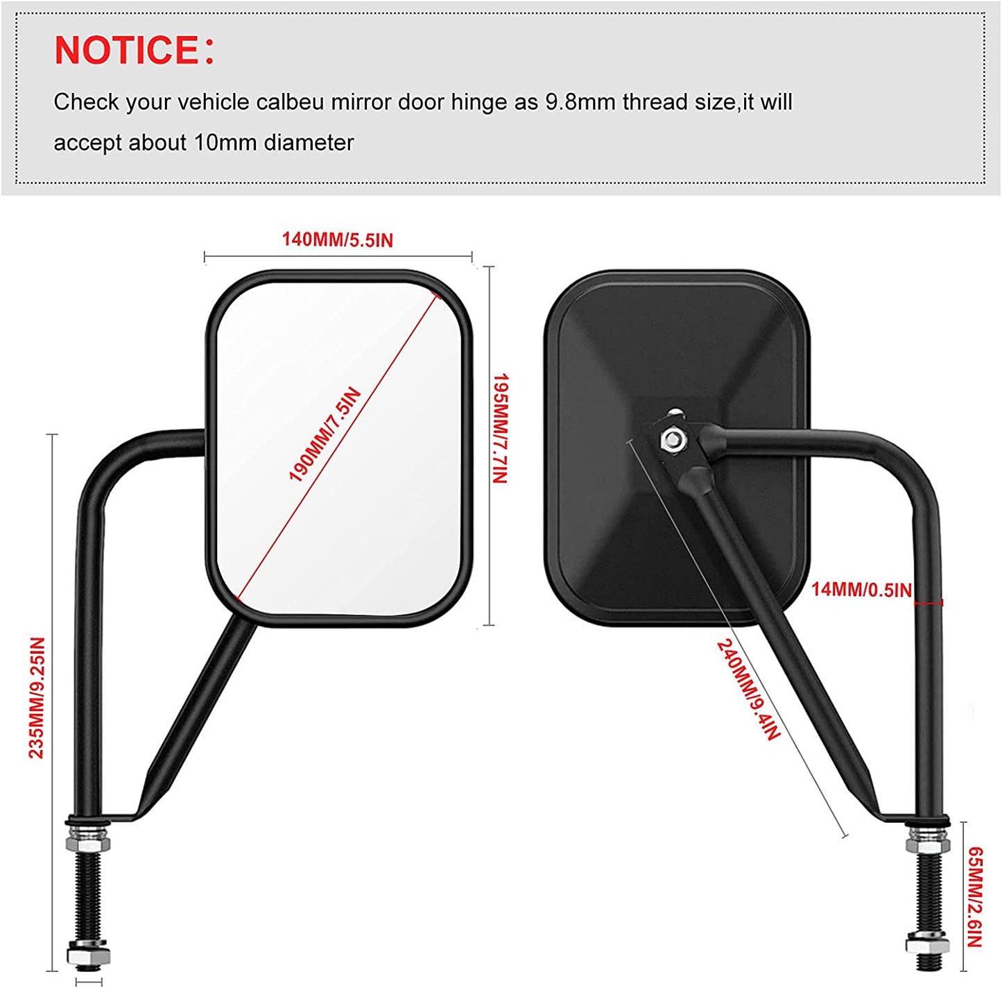 Door Off Mirror Compatible with Jeep Wrangler JK JL & Unlimited, Wider View Easy-Install