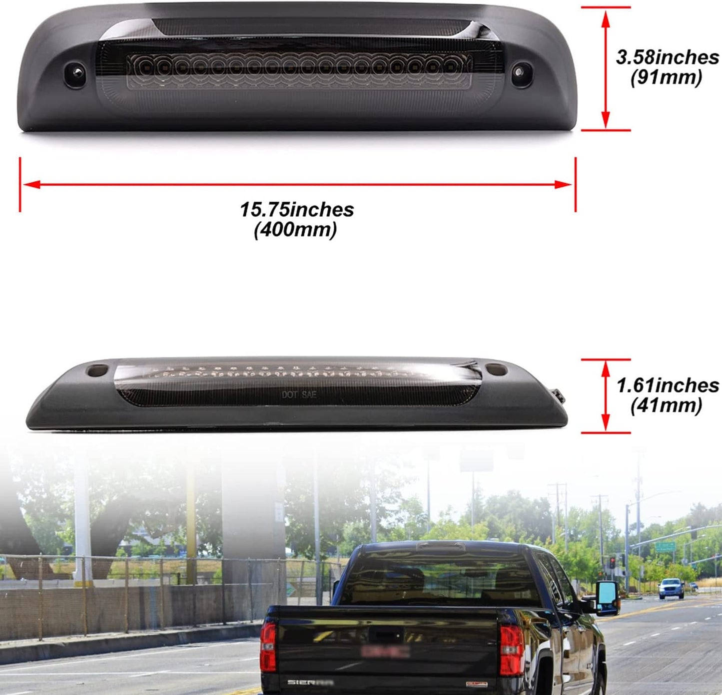 Led Third Brake Light Replacement for 2014-2018 Chevy Silverado GMC Sierra 1500 2500HD 3500HD Red LED Strobe Rear 3rd Brake Center High Mount Stop Lamp + White Cargo Light Kit Euro Smoked Lens