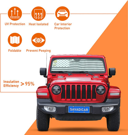 Windshield Sun Shade with USA Flag for 2018-2022 Jeep Wrangler JL JLU & Gladiator JT - OMOTOR
