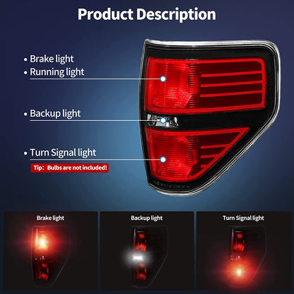 Tail Lights Compatible with 2009-2014 Ford F150, NOT fit Flareside Models, Taillight Brake Lamps Housing for Passenger and Driver Side, 2 Pack, Red + Black - OMOTOR