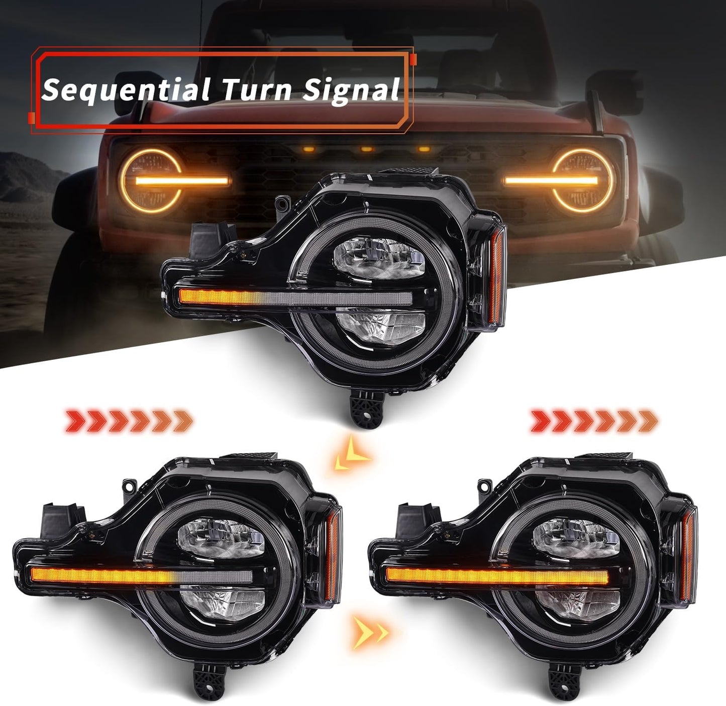 LED Headlights Assembly for Ford Bronco 2021-2024 , Raptor Style Headlamp Assemblies with Amber/White DRL, Sequential Turn Signal Front Light for Bronco All Trim 2 or 4 Door/Raptor