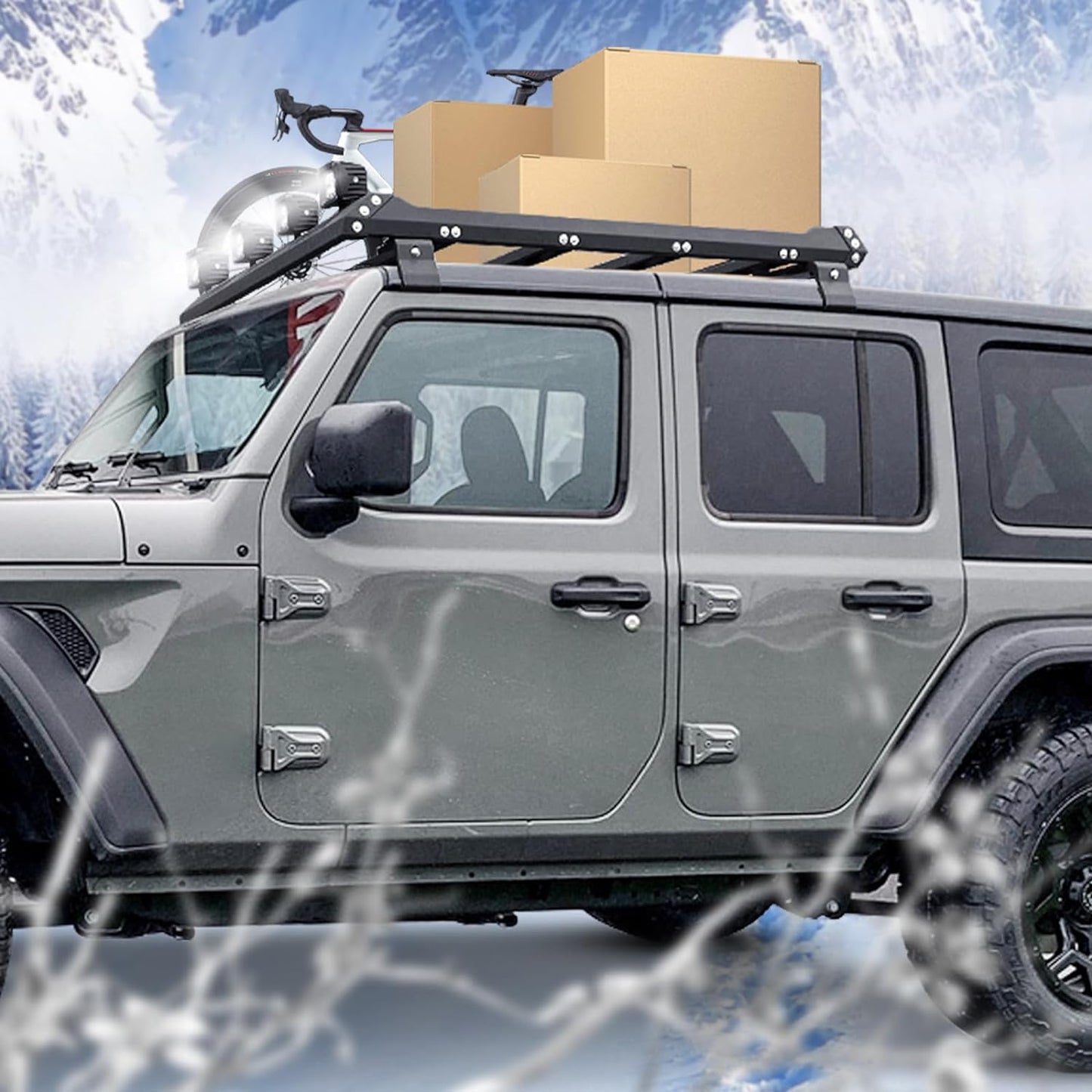 Roof Rack Cargo Basket with 4PCS LED Light Bar Compatible for 2007-2024 Jeep Wrangler JK JL Unlimited & Gladiator JT 2 & 4 Doors Hardtop, JKU JLU Luggage Racks Rooftop Storage Carrier (Black)