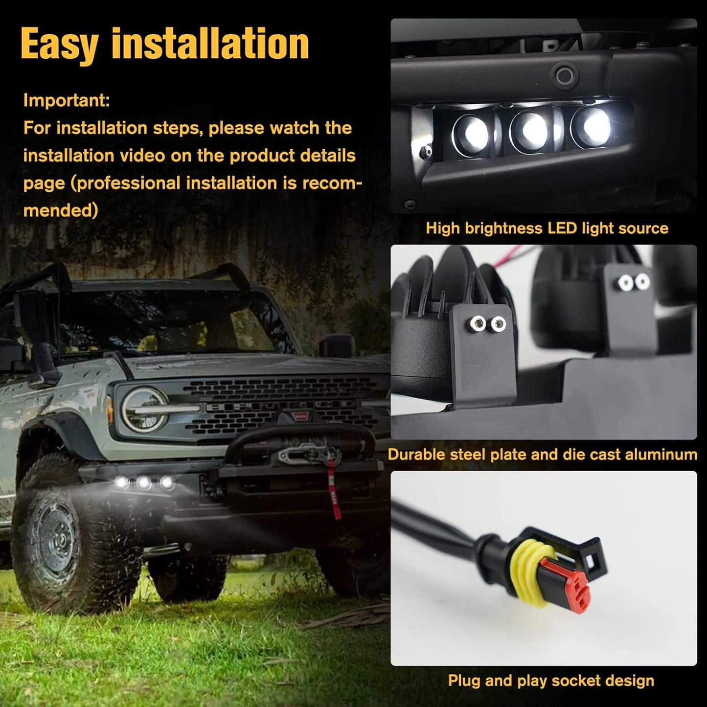 LED Front Bumper Fog Light with Mounts, Modular Bumper Fog Lamps Accessories, Ultra-Bright White Light Source Compatible with Ford Bronco 2021 2022 2023 2/4 Door