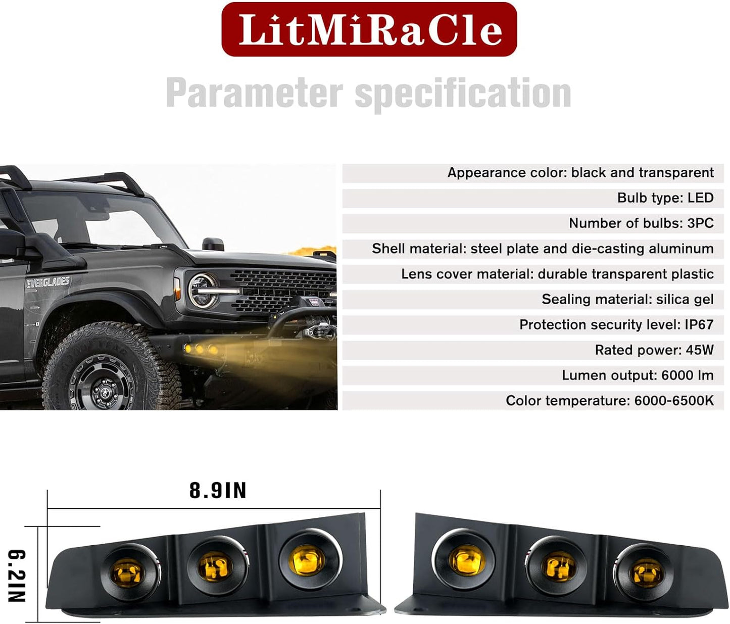 LED Front Bumper Fog Light with Mounts, Modular Bumper Fog Lamps Accessories, Ultra-Bright White Light Source Compatible with Ford Bronco 2021 2022 2023 2/4 Door - OMOTOR