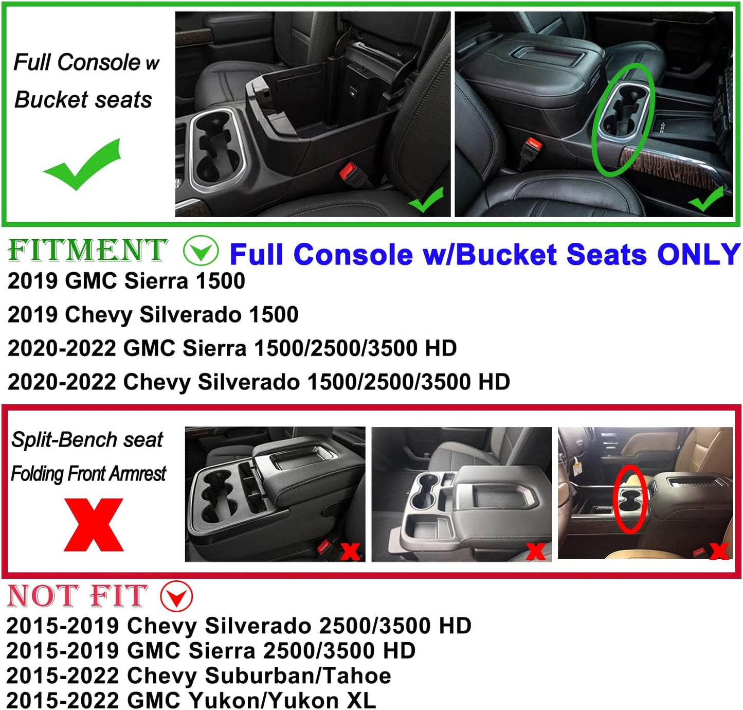 Center Console Organizer Tray Compatible with (2019-2022) Chevy Silverado 1500/GMC Sierra 1500 and 2020-2023 Silverado/Sierra 2500/3500 HD - Full Console w/Bucket Seats ONLY，Black trim