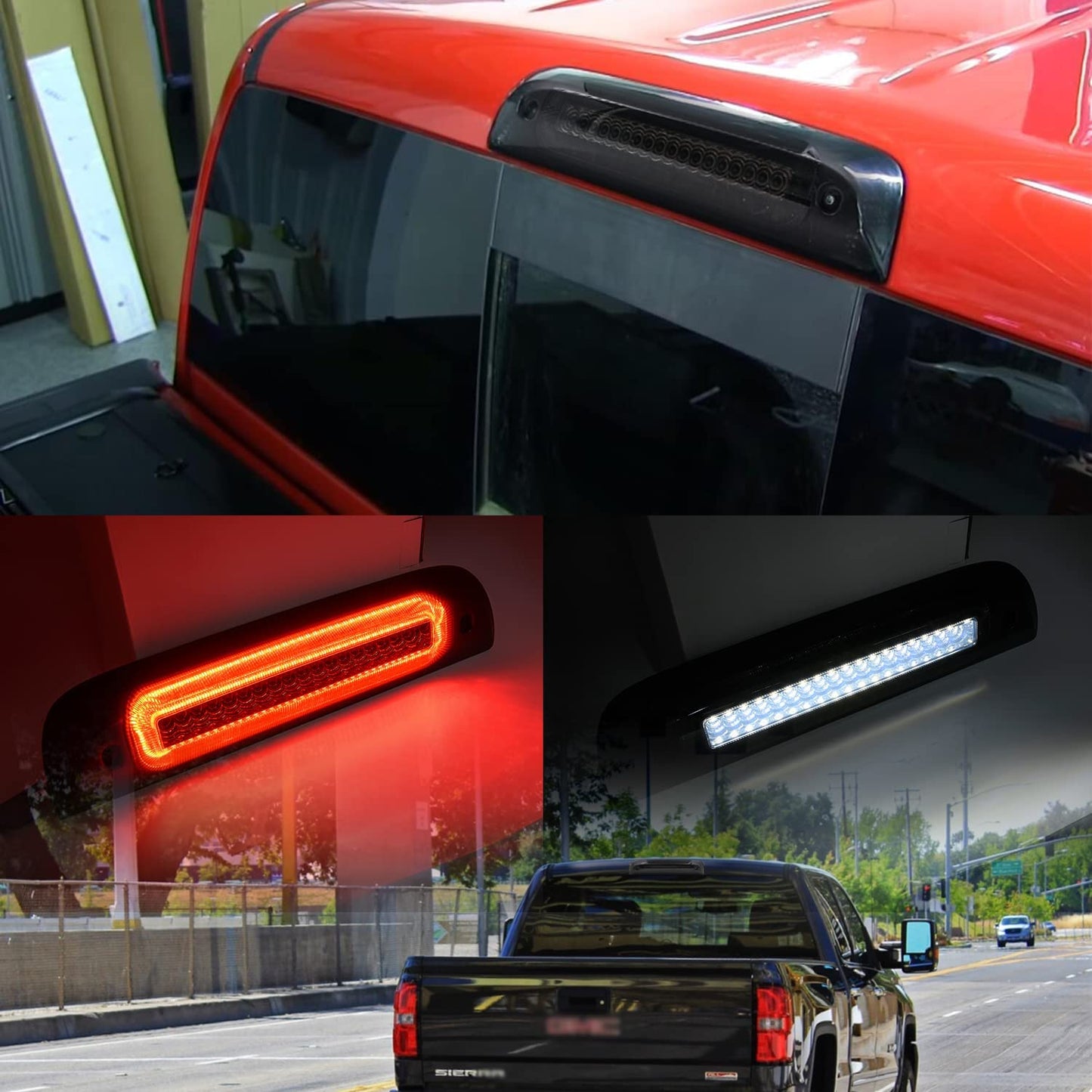 Led Third Brake Light Replacement for 2014-2018 Chevy Silverado GMC Sierra 1500 2500HD 3500HD Red LED Strobe Rear 3rd Brake Center High Mount Stop Lamp + White Cargo Light Kit Euro Smoked Lens