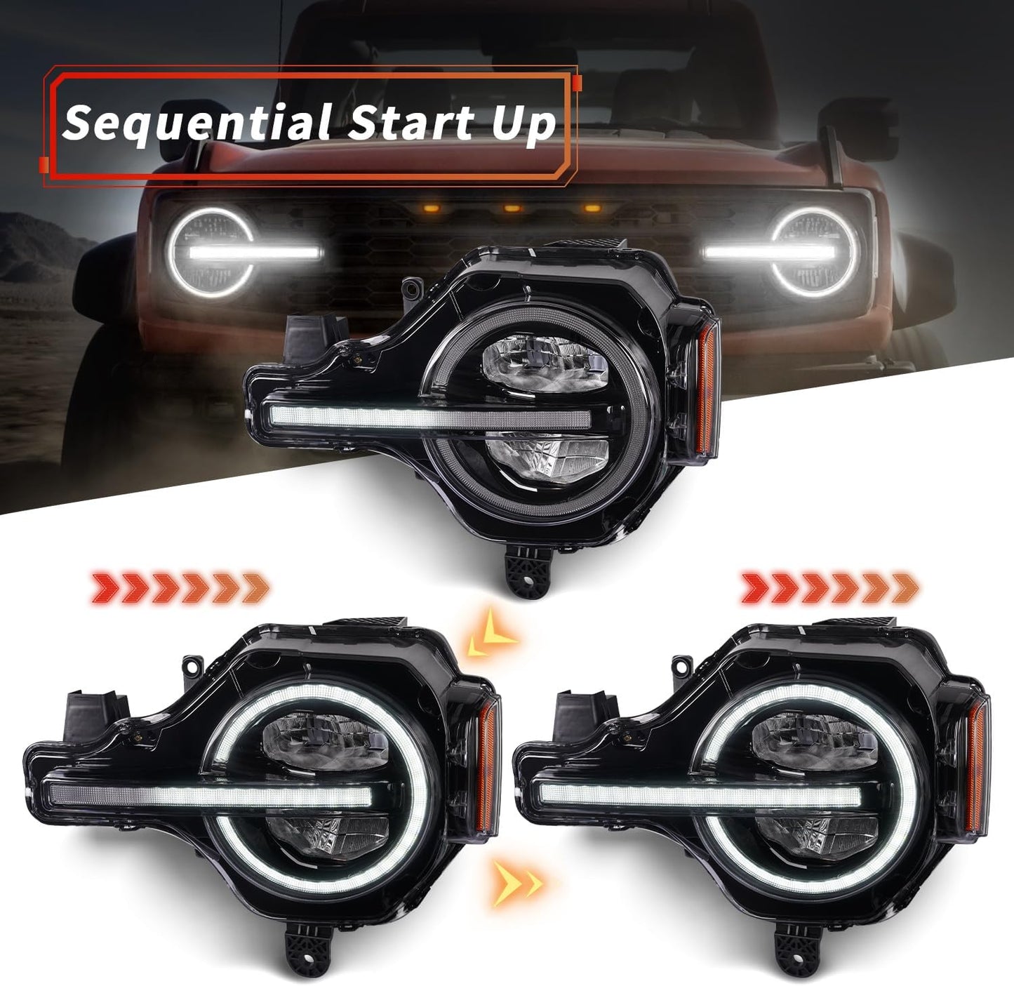 LED Headlights Assembly for Ford Bronco 2021-2024 , Raptor Style Headlamp Assemblies with Amber/White DRL, Sequential Turn Signal Front Light for Bronco All Trim 2 or 4 Door/Raptor