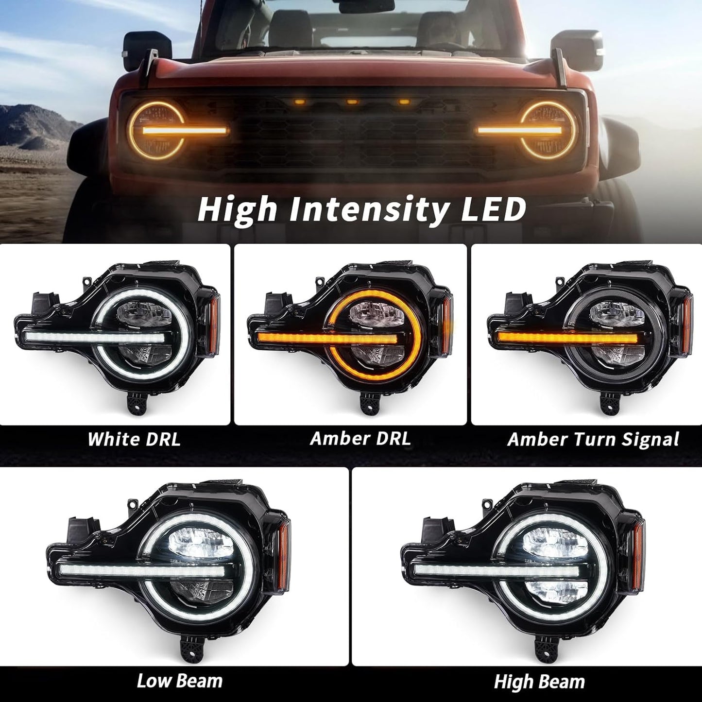 LED Headlights Assembly for Ford Bronco 2021-2024 , Raptor Style Headlamp Assemblies with Amber/White DRL, Sequential Turn Signal Front Light for Bronco All Trim 2 or 4 Door/Raptor