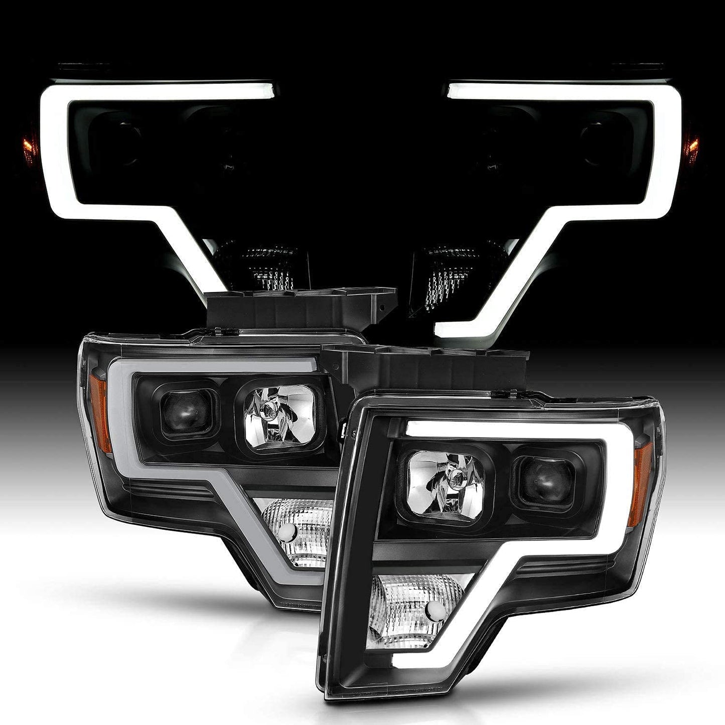 Square Projector Halogen Black Headlights Pair LED Bar Set for 2009-2014 Ford F150 High/Low Beam Bulb Included - Driver and Passenger Side