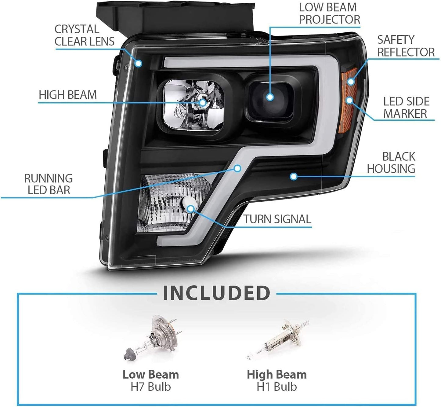 Square Projector Halogen Black Headlights Pair LED Bar Set for 2009-2014 Ford F150 High/Low Beam Bulb Included - Driver and Passenger Side