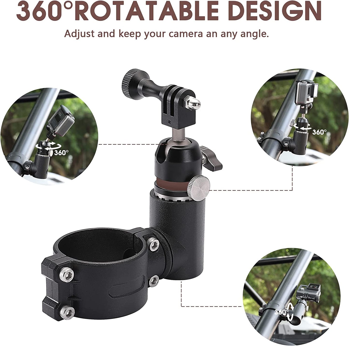 Gopro Mount with 360° Adjustable Spherical Head and Locking Knob, Compatible with UTV ATV Polaris Ranger 1.75-2 inch Roll Bar