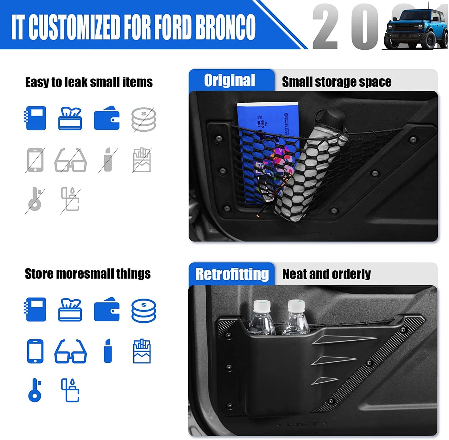 Front Door Storage Pockets for Ford Bronco Accessories, Side Door Organizer Box fit Bronco 2/4-Door 2021 2022 2023 (2PCS)