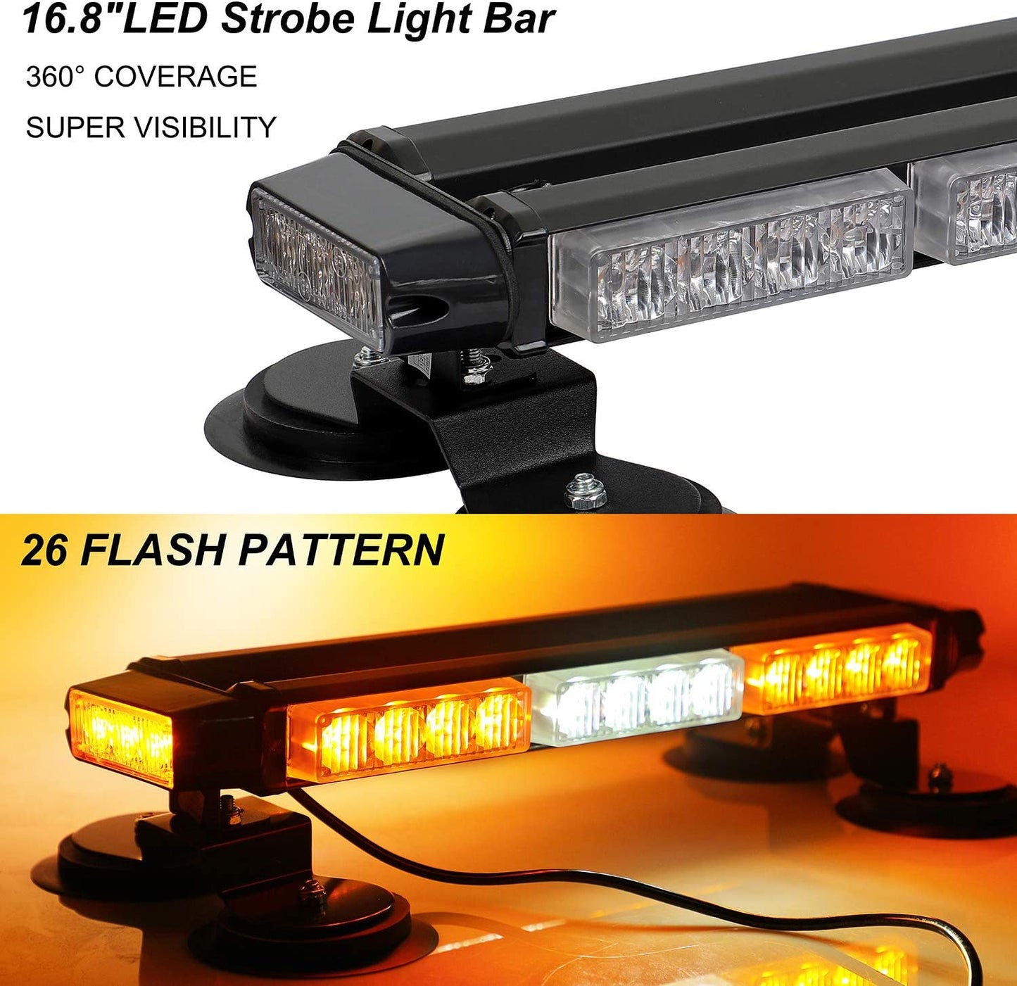 26 Flashing Modes LED Strobe Flashing 16.8" Light Bar w/ Magnetic Base