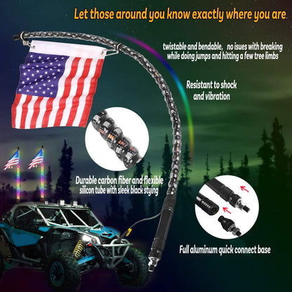 2pcs LED Whip Lights with Bluetooth and Remote Control Spiral RGB Chase Light - OMOTOR
