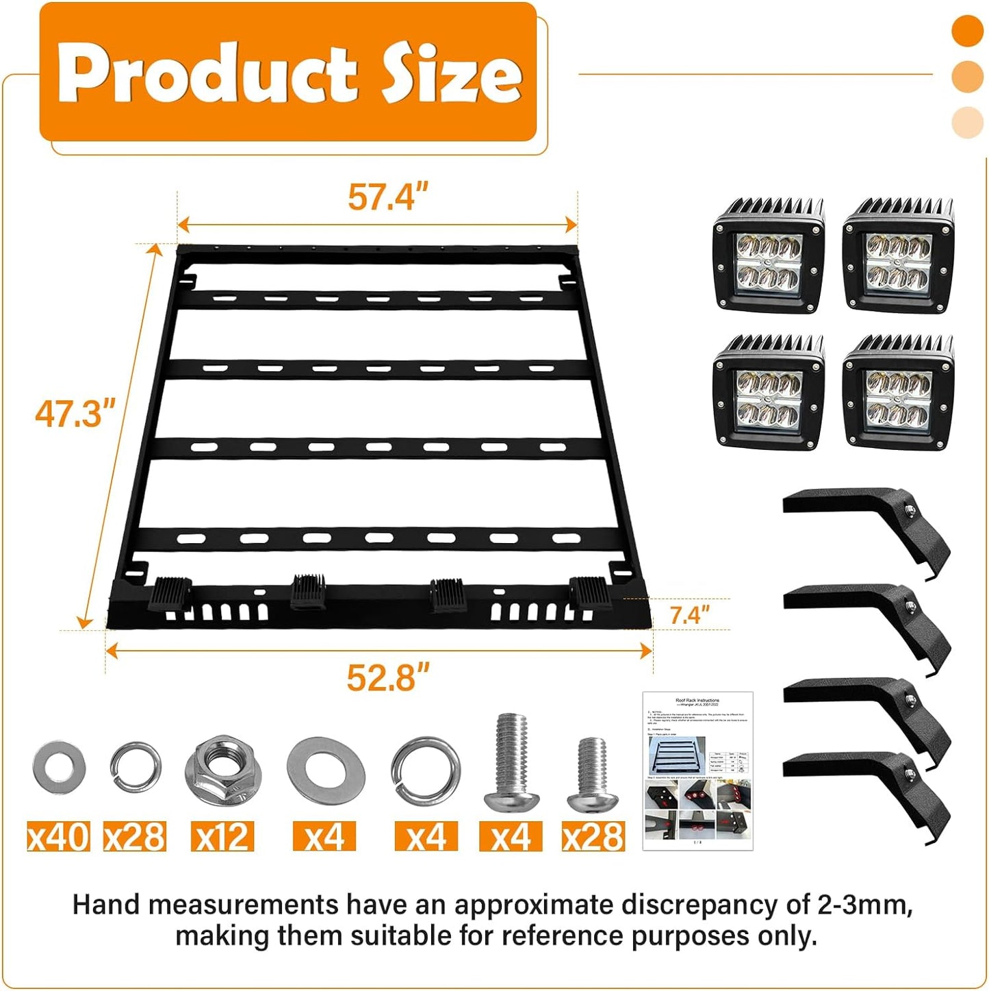 Roof Rack Cargo Basket with 4PCS LED Light Bar Compatible for 2007-2024 Jeep Wrangler JK JL Unlimited & Gladiator JT 2 & 4 Doors Hardtop, JKU JLU Luggage Racks Rooftop Storage Carrier (Black)